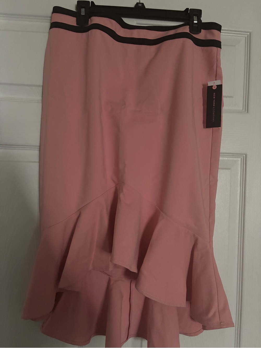 New York & Company Pink High-Low Ruffle Skirt with Black Trim